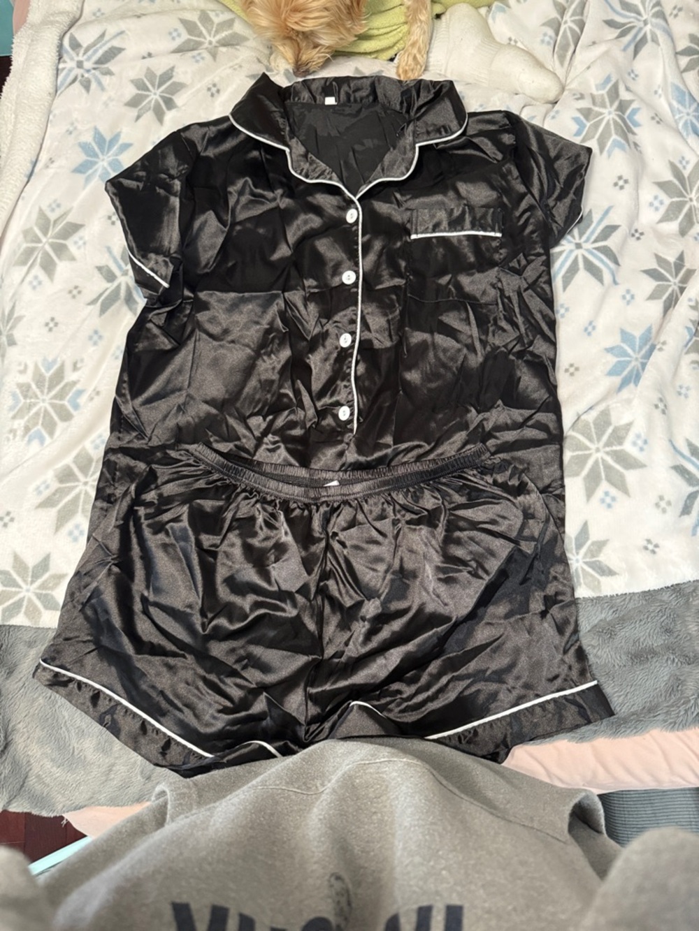 Black Satin Short Pajama Set with White Piping